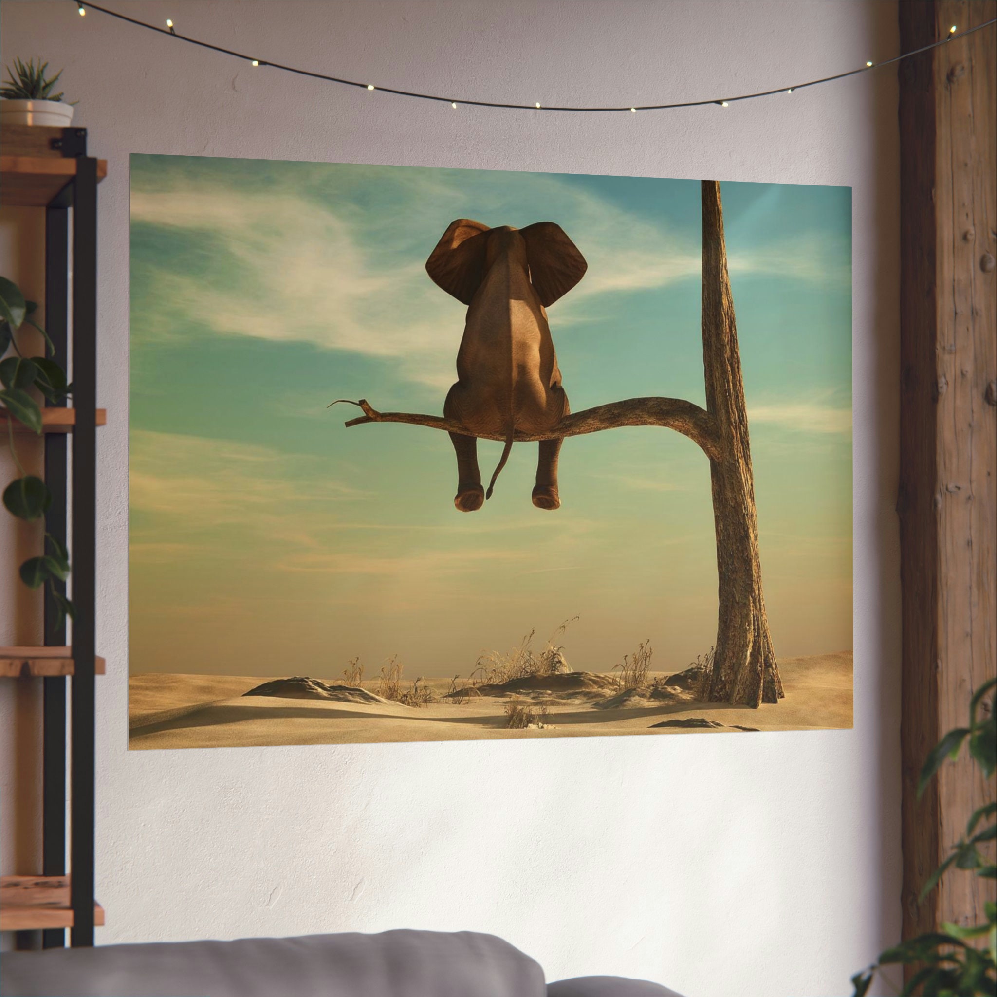 Elephant Sits On Tree Branch - Poster Art