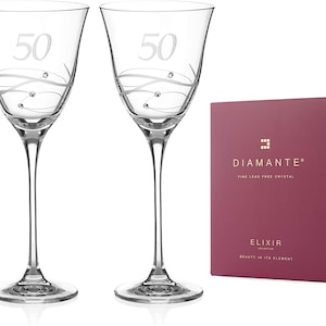DIAMANTE Swarovski 50th Birthday or Anniversary Wine Glasses – Pair of Crystal Wine Glasses with Hand Etched “50” with Swarovski Crystals