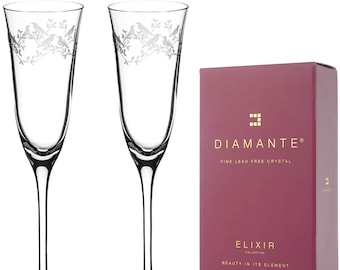DIAMANTE Champagne Flutes Crystal Prosecco Glasses Pair with ‘Serenity’ Collection Hand Etched Crystal Design - Set of 2