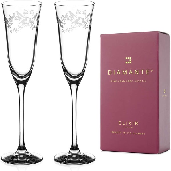 DIAMANTE Champagne Flutes Crystal Prosecco Glasses Pair with ‘Serenity’ Collection Hand Etched Crystal Design - Set of 2