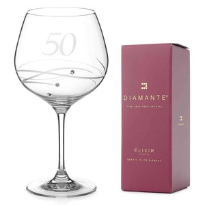 DIAMANTE 50e anniversaire ou anniversaire de Swarovski Gin Copa - Verre à gin en cristal simple, gravé à la main « 50 » - Orné de cristaux Swarovski