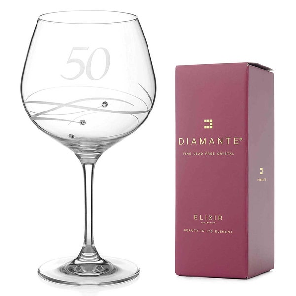 DIAMANTE Swarovski 50th Birthday or Anniversary Gin Copa – Single Crystal Gin Glass, Hand Etched “50” - Embellished with Swarovski Crystals