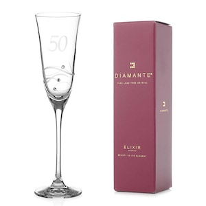 DIAMANTE Swarovski 50th Birthday Champagne Glass – Single Crystal Champagne Flute, Hand Etched “50” - Embellished with Swarovski Crystals
