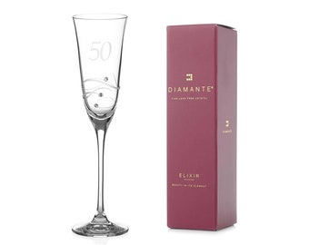 DIAMANTE Swarovski 50th Birthday Champagne Glass – Single Crystal Champagne Flute, Hand Etched “50” - Embellished with Swarovski Crystals
