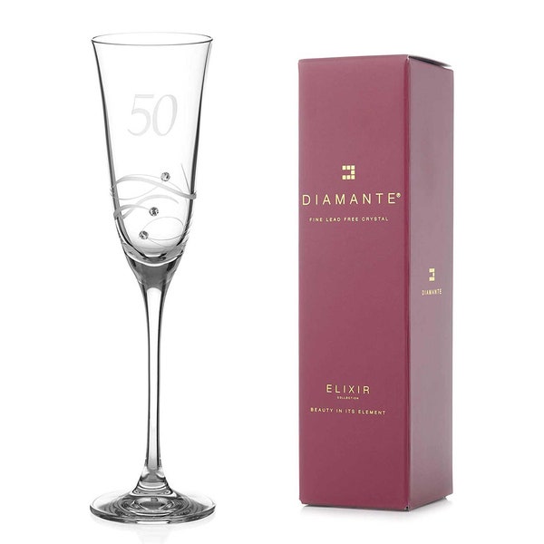 DIAMANTE Swarovski 50th Birthday Champagne Glass – Single Crystal Champagne Flute, Hand Etched “50” - Embellished with Swarovski Crystals