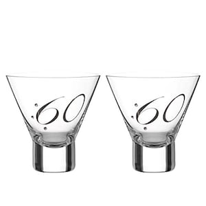 DIAMANTE Swarovski 60th Birthday Stemless Martini Cocktail Glasses with Platinum – Set of Two Glasses with a Platinum Embossed “60”
