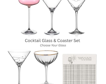 Cocktail Glass & Porcelain Coaster Gift Set – Choose Your Glass Style – Martini or Coupe Glass Set, Fun Cocktail Gift
