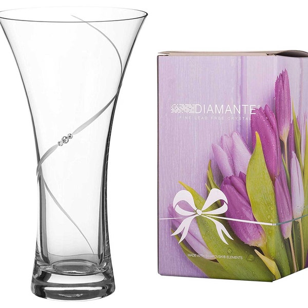 DIAMANTE Swarovski Hollow Sided Trumpet Vase ‘Silhouette' - Crystal Flared Glass Vase with Swarovski Crystals - 25 cm