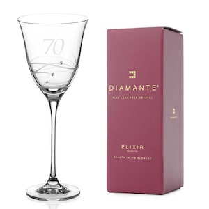 DIAMANTE Swarovski 70th Birthday Wine Glass – Single Crystal Wine Glass with a Hand Etched “70” - Embellished with Swarovski Crystals