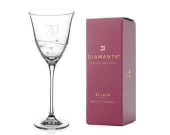 DIAMANTE Swarovski 70th Birthday Wine Glass – Single Crystal Wine Glass with a Hand Etched “70” - Embellished with Swarovski Crystals