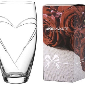 DIAMANTE Herz in Herz Große Hand geschliffene Kristall Barrel Vase mit Swarovski Kristallen - 26 cm