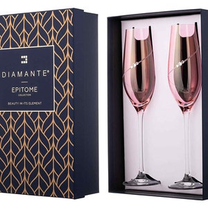 Pink Lustre Silhouette Champagne Flute Pair Embellished with Swarovski Crystals - Perfect Gift