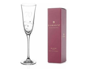 DIAMANTE Swarovski 70th Birthday Champagne Glass – Single Crystal Champagne Flute, Hand Etched “70” - Embellished with Swarovski Crystals