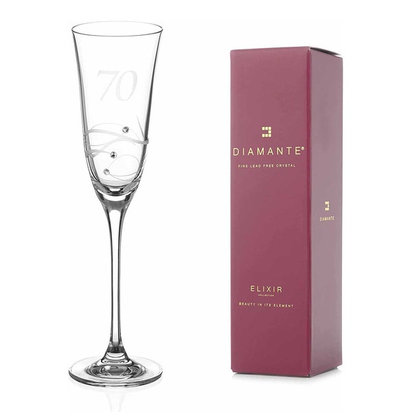 DIAMANTE Copa de champán Swarovski para 70 cumpleaños – Flauta de champán de un solo cristal, grabada a mano “70” – adornada con cristales de Swarovski