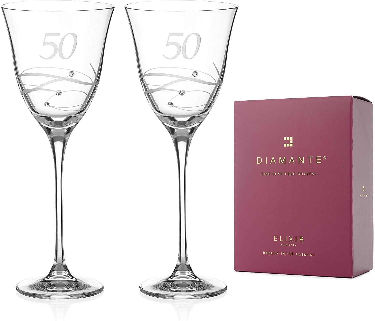 DIAMANTE Swarovski 50th Birthday or Anniversary Wine Glasses Pair