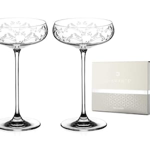 DIAMANTE Champagne Coupes Cocktail Saucers Pair with ‘Birdsong’ Collection Hand Etched Crystal Design - Set of 2