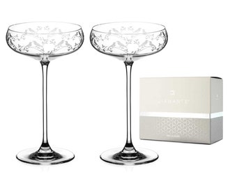 DIAMANTE Champagne Coupes Cocktail Saucers Pair with ‘Birdsong’ Collection Hand Etched Crystal Design - Set of 2