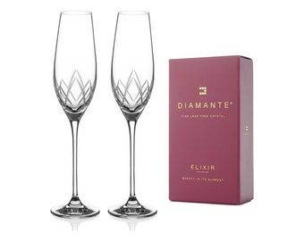 DIAMANTE Champagne Flutes Pair – ‘Lotus’ Collection Hand Cut Crystal Champagne and Prosecco Glasses Set of 2