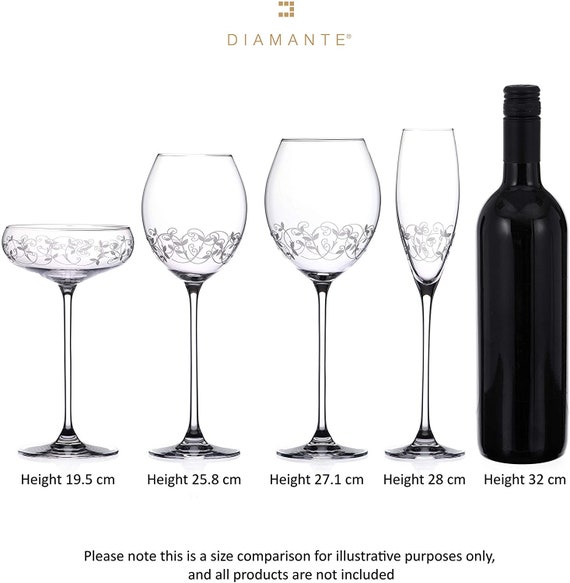 Pair of Red Wine Glasses Diamonte Clear Boxed 23cm Tall Gift Drinking 380ml Two 