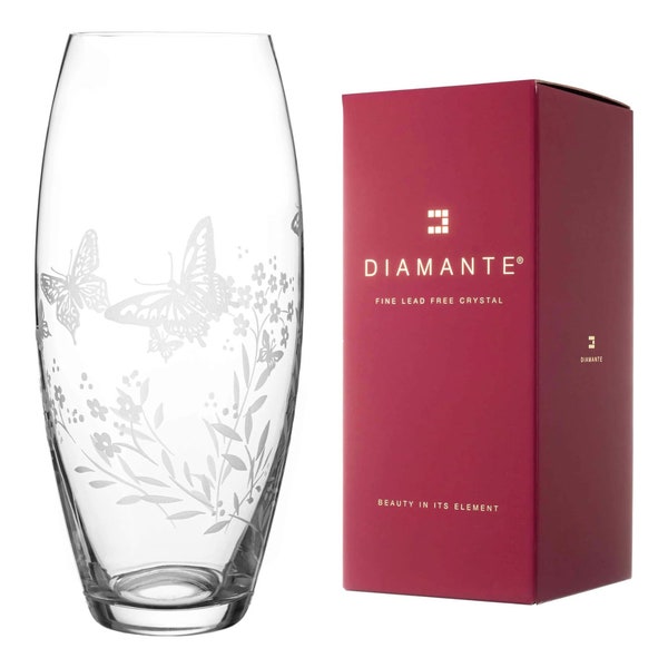 DIAMANTE 'Butterfly' Vase - Hand Etched Butterfly Pattern Barrel Vase - 30 cm