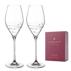 DIAMANTE Swarovski Prosecco Glasses Pair - &#39;Spiral&#39; Design with Swarovski Crystals - Gift Box Set of 2