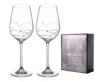 DIAMANTE Swarovski witte wijnglazen, paar met 'Bliss'-ontwerp - Set van 2 kristallen wijnglazen met Swarovski-kristallen