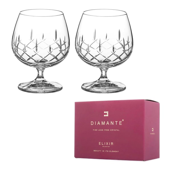 DIAMANTE Brandy or Cognac Glasses Pair - 'Classic' Collection - 2 Hand Cut Crystal Snifter Glasses