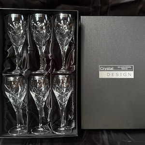 Set of 6 Crystal Wine Glasses | 24% Lead Crystal | Hand Cut | Gift Boxed | Elegant Vintage Style | Crystal Design Glassware