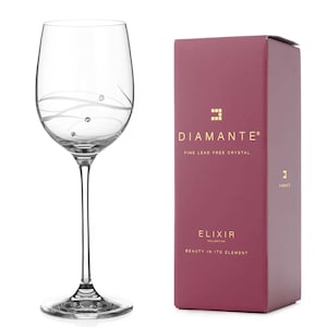 May include: A clear wine glass with a delicate swirl design and small crystal accents. The glass is part of the Diamante Elixir Collection, which is made of fine lead-free crystal.