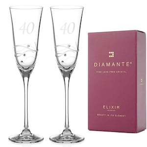 DIAMANTE Swarovski 40th Birthday or Anniversary Champagne Glasses – Pair of Crystal Champagne Flutes