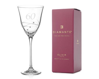 DIAMANTE Copa de vino Swarovski para 60 cumpleaños – Copa de vino de cristal único con un “60” grabado a mano – adornada con cristales de Swarovski