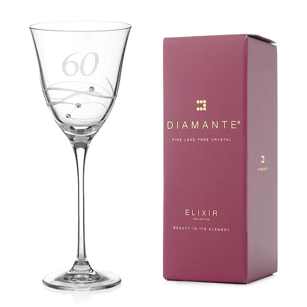 DIAMANTE Swarovski 60th Birthday Wine Glass – Single Crystal Wine Glass with a Hand Etched “60” - Embellished with Swarovski Crystals