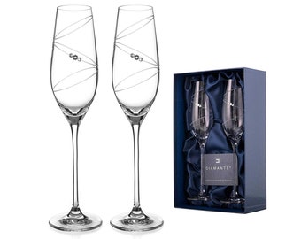 DIAMANTE Swarovski Champagne Flutes Prosecco Glasses Pair with ‘Ring’ Hand Cut Design Embellished with Swarovski Crystals