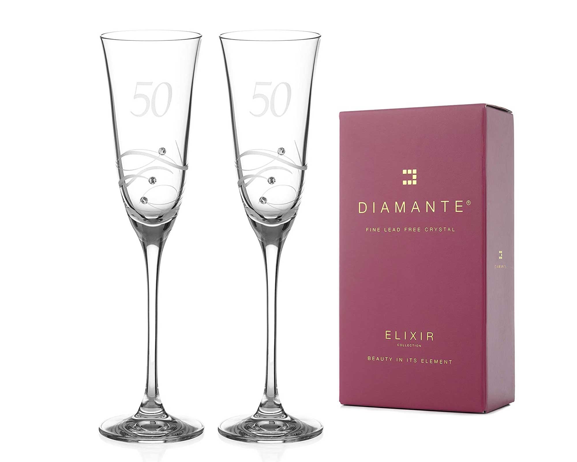 DIAMANTE Swarovski 50th Birthday or Anniversary Champagne Glasses – Crystal Champagne Flutes, Hand Etched “50”  Adorned with Swarovski