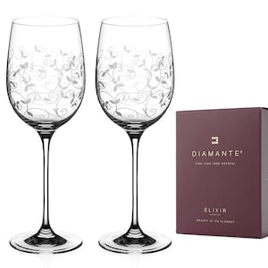 DIAMANTE Red Wine Glasses Pair - ‘Floral Moda’ Collection Hand Etched Crystal Wine Glasses - Set of 2