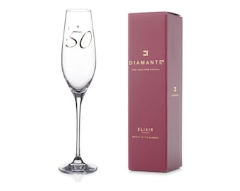 DIAMANTE Swarovski 50th Birthday Champagne Flute – Single Crystal Champagne Glass with Platinum 50 Embossed and Swarovski Crystals