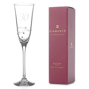 DIAMANTE Swarovski 30th Birthday Champagne Glass – Single Crystal Champagne Flute, Hand Etched “30” - Embellished with Swarovski Crystals