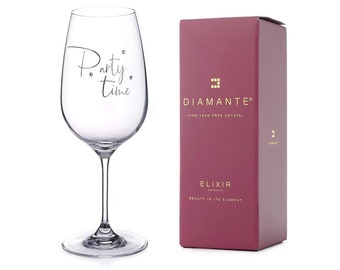 DIAMANTE Swarovski "Party Time" Glass – Single Crystal Wine Glass with Fun Novelty Slogan Embellished with Swarovski Crystals