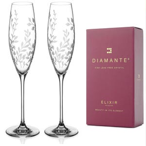 DIAMANTE Crystal Champagne Flutes Prosecco Glasses Pair - ‘Breeze’ - Intricately Etched Floral Leaves Pattern - Set of 2