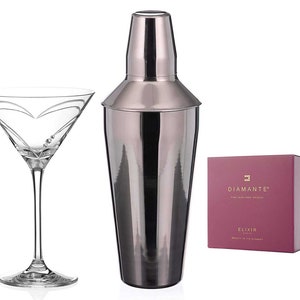 DIAMANTE Martini Shaker and Glass Set &#39;Hearts&#39; - Martini Set with one Metal Shaker and 1 &#39;Hearts&#39; Crystal Martini Glass