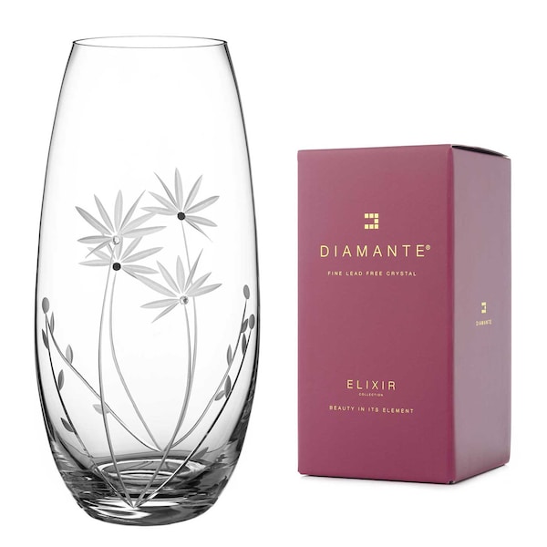 DIAMANTE Swarovski Barrel Shaped Crystal Vase "Bloom" - Hand Cut Flower Decoration with Swarovski Crystals - 25cm