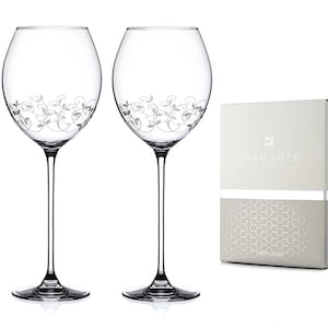 DIAMANTE kristallen rode wijnglazen met ingewikkeld geëtst ontwerp - set van 2 kristallen glazen in geschenkverpakking