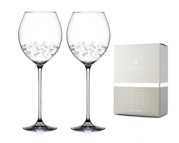 DIAMANTE Coppia di bicchieri da vino rosso in cristallo con intricato design inciso - Set di 2 bicchieri in cristallo in confezione regalo - Italia