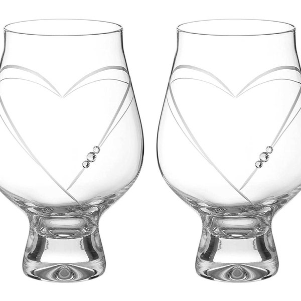 DIAMANTE Gin Goblets - 'Hearts' Crystal Gin and Tonic Glass - Set of 2