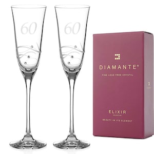 DIAMANTE Swarovski 60th Birthday or Anniversary Champagne Glasses – Pair of Crystal Champagne Flute Hand Etched “60” with Swarovski Crystals