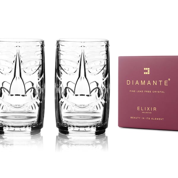 DIAMANTE Clear Tiki Glasses - Set of 2 - Exotic Crystal Hawaiian Barware Cocktail Glasses or Hi Ball Glasses for Mixed Drinks (O‘AHU Design)