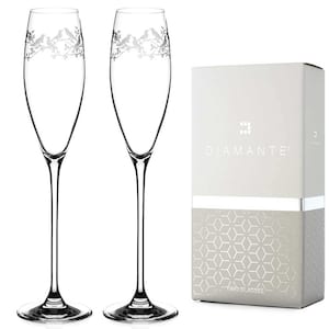 "DIAMANTE Champagner Flöten Kristall Prosecco Gläser Paar mit ""Vogelgesang"" Kollektion Hand geätztes Kristalldesign - 2er Set."