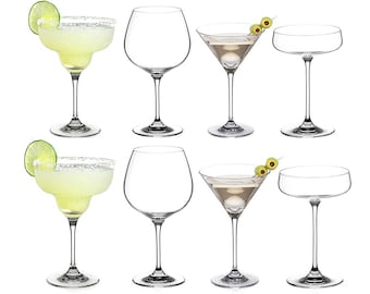 Lot de 8 verres à cocktail DIAMANTE - Martinis, gin copas, soucoupes, verre à margarita - 2 de chaque cristal premium