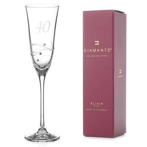 DIAMANTE 40th Birthday Champagne Glass – Single Crystal Champagne Flute with a Hand Etched “40” - Embellished with Swarovski Crystals