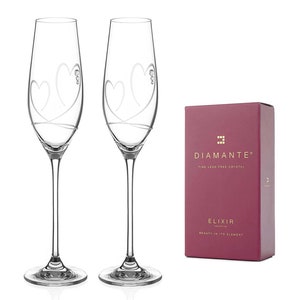 DIAMANTE Swarovski Champagne Flutes Prosecco Glasses Pair with ‘Two Hearts’ Design Embellished with Swarovski Crystals